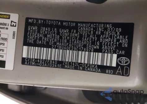 2009 Toyota Corolla Le z USA, uszkodzony, nr VIN 2T1BU40E29C178978